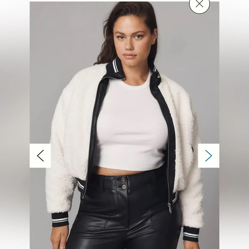Anthropologie Avec Les Filles Sherpa Fleece Varsity Bomber Jacket NWOT - Picture 2 of 13